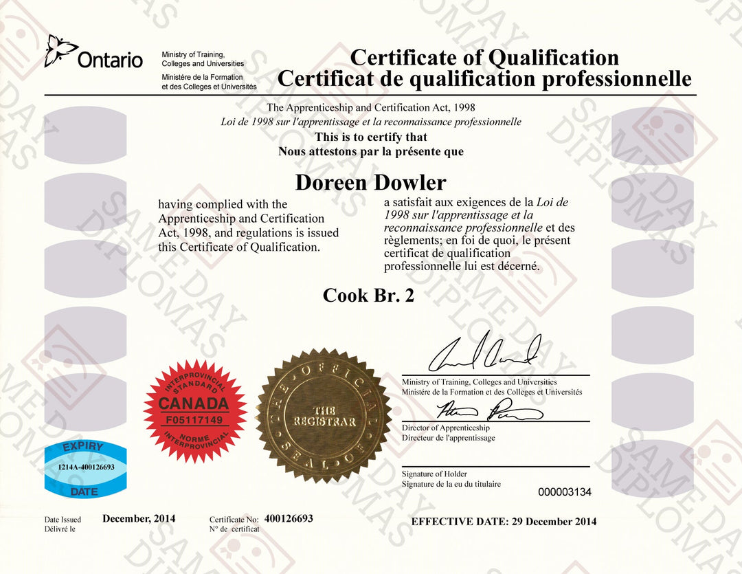 Certificate -  Prop Red Seal, Canada