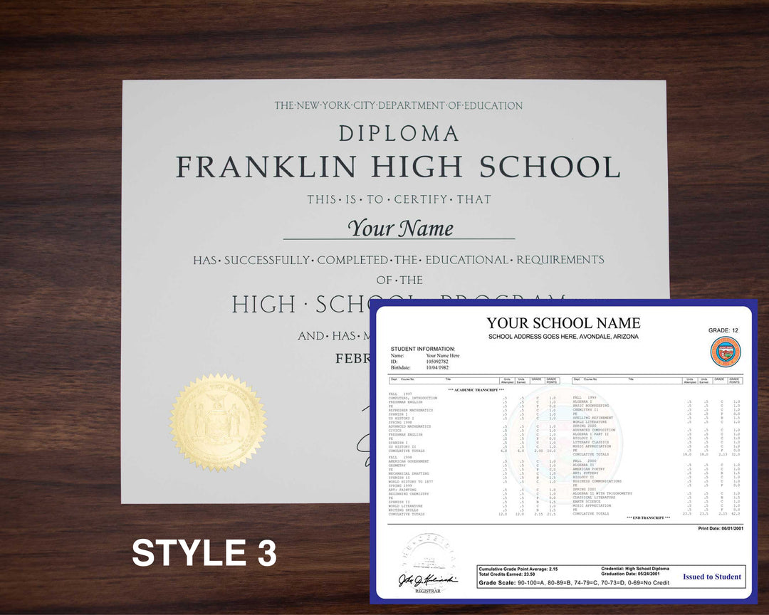 Stock High School Diploma and Transcript Package