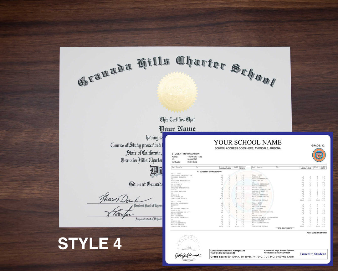 Stock High School Diploma and Transcript Package