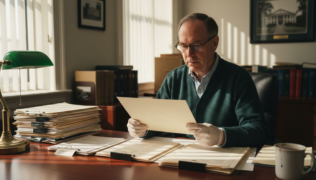 Registrar verifying diploma authenticity at office desk
