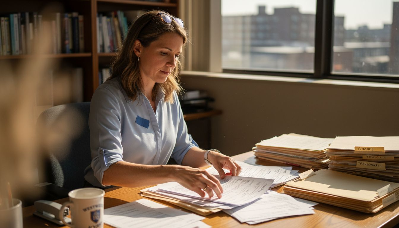 Administrator preparing diploma materials in office