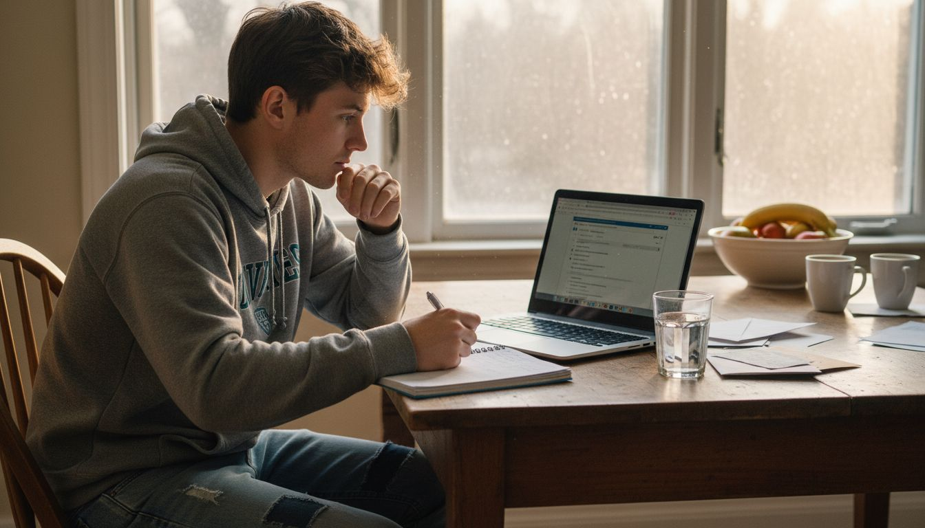 Student evaluating online GED options at home