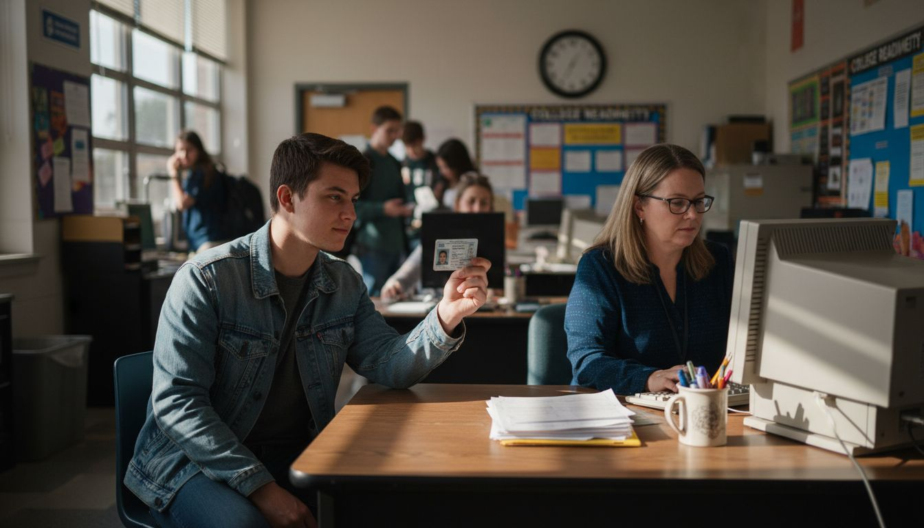 Student requests diploma from school office staff