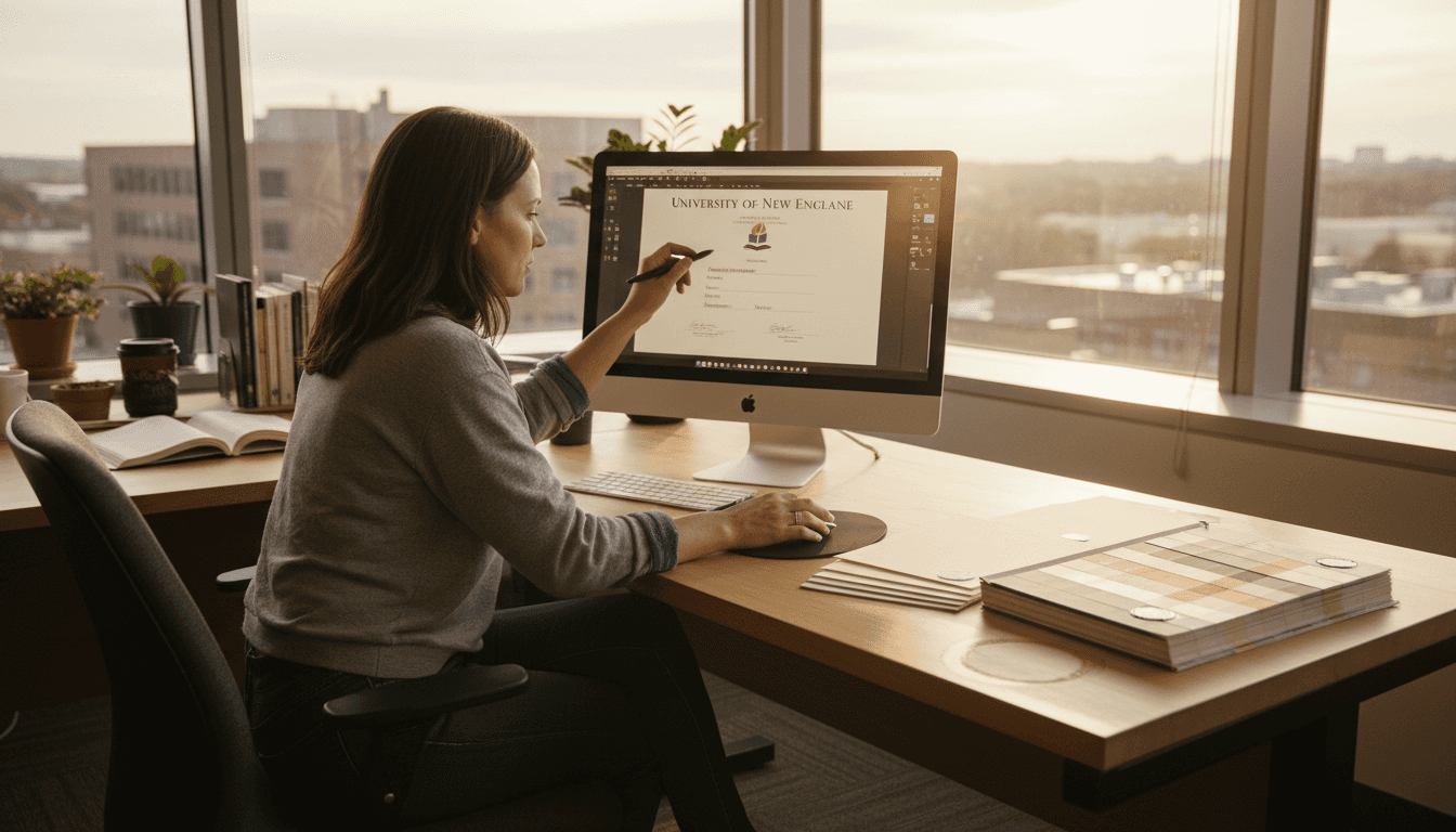 Woman designs custom diploma in bright office