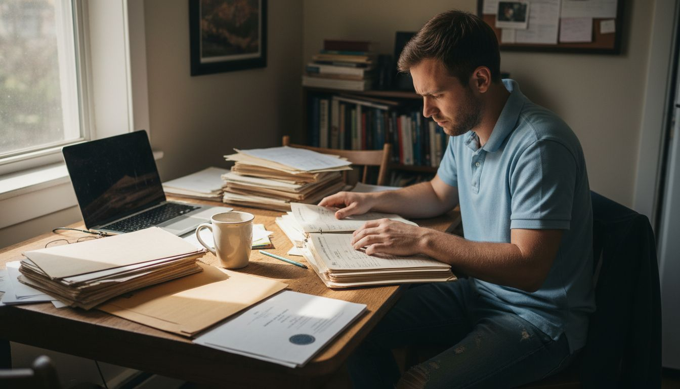 Man searching old school records at kitchen table