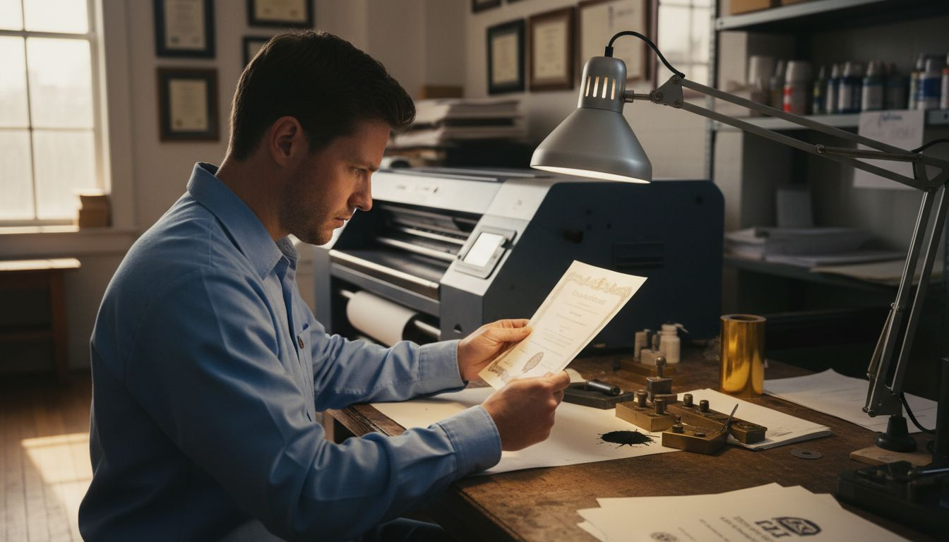 Print technician authenticating replica diploma quality