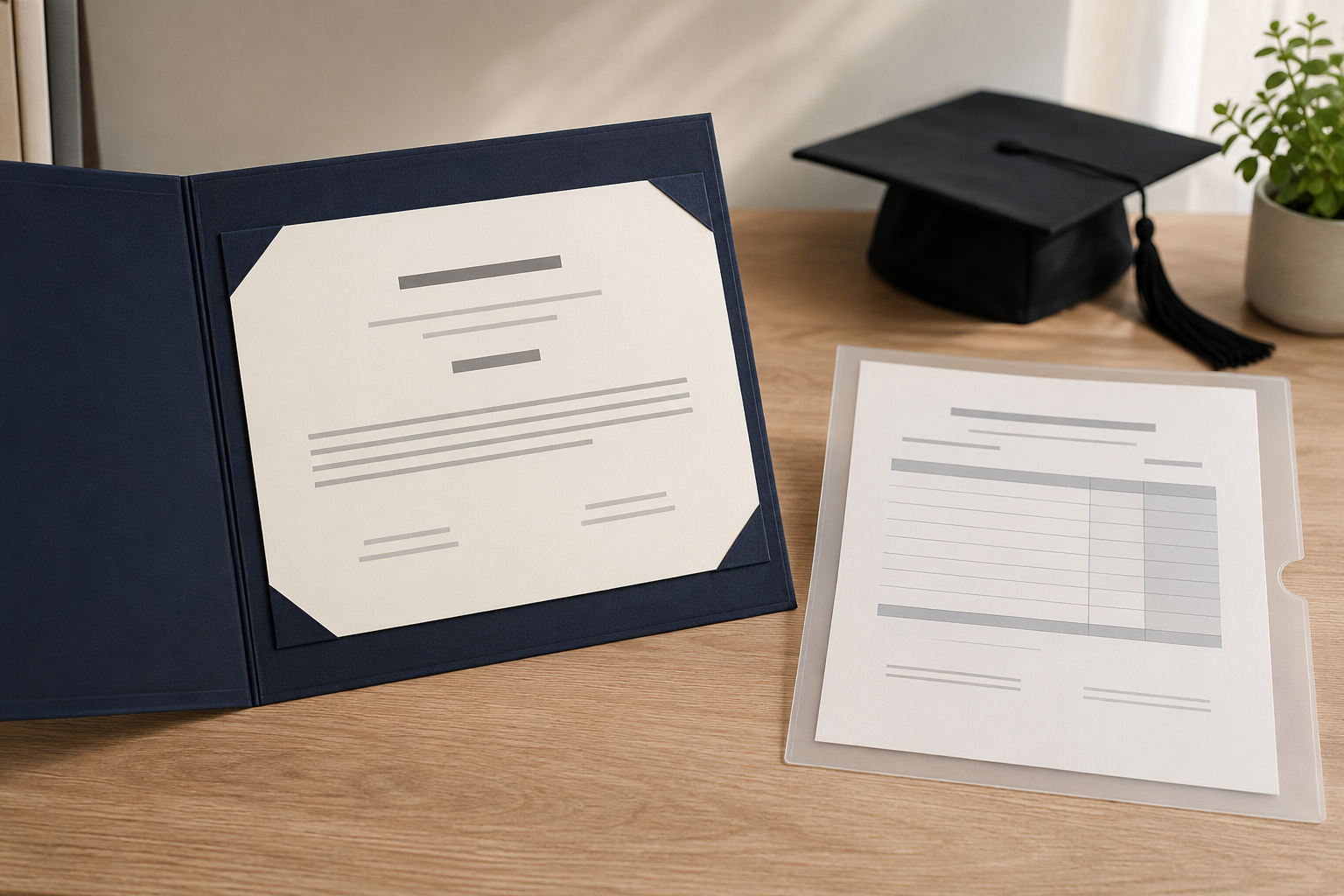 Personalized GED diploma display copy in a navy folder beside a matching transcript display set