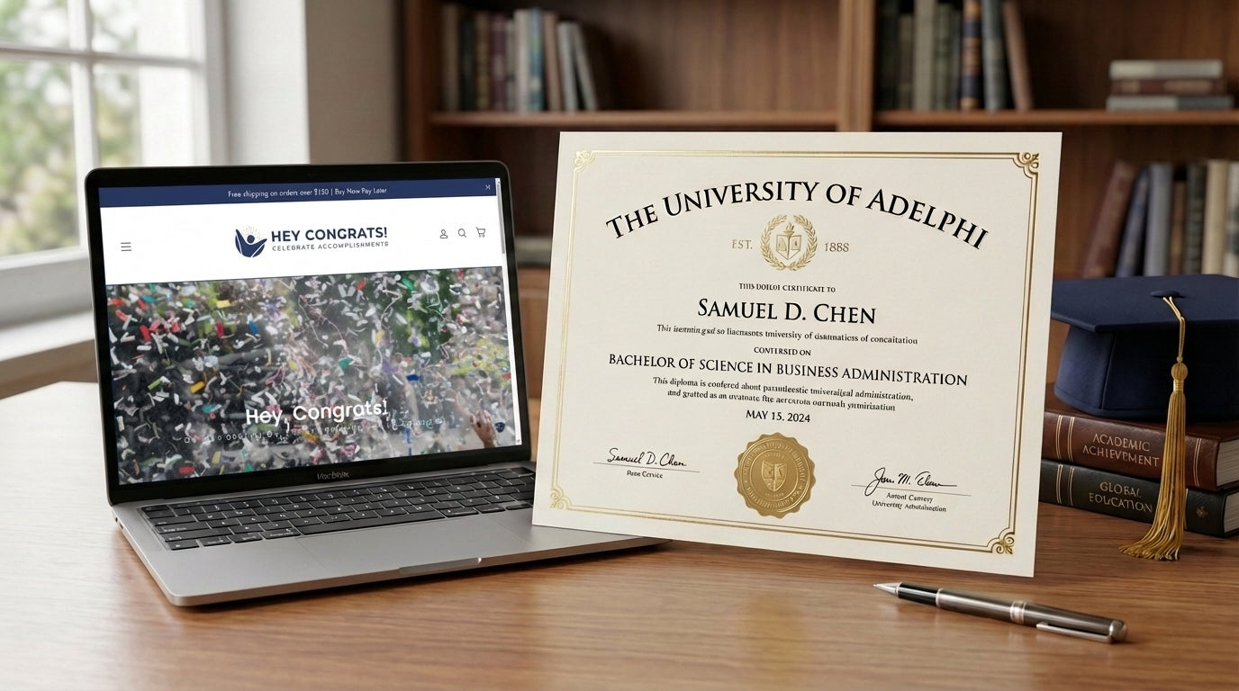A realistic university diploma certificate with gold seal on a desk beside a laptop displaying a secure website — representing safe and legal options for buying a diploma online in 2026.