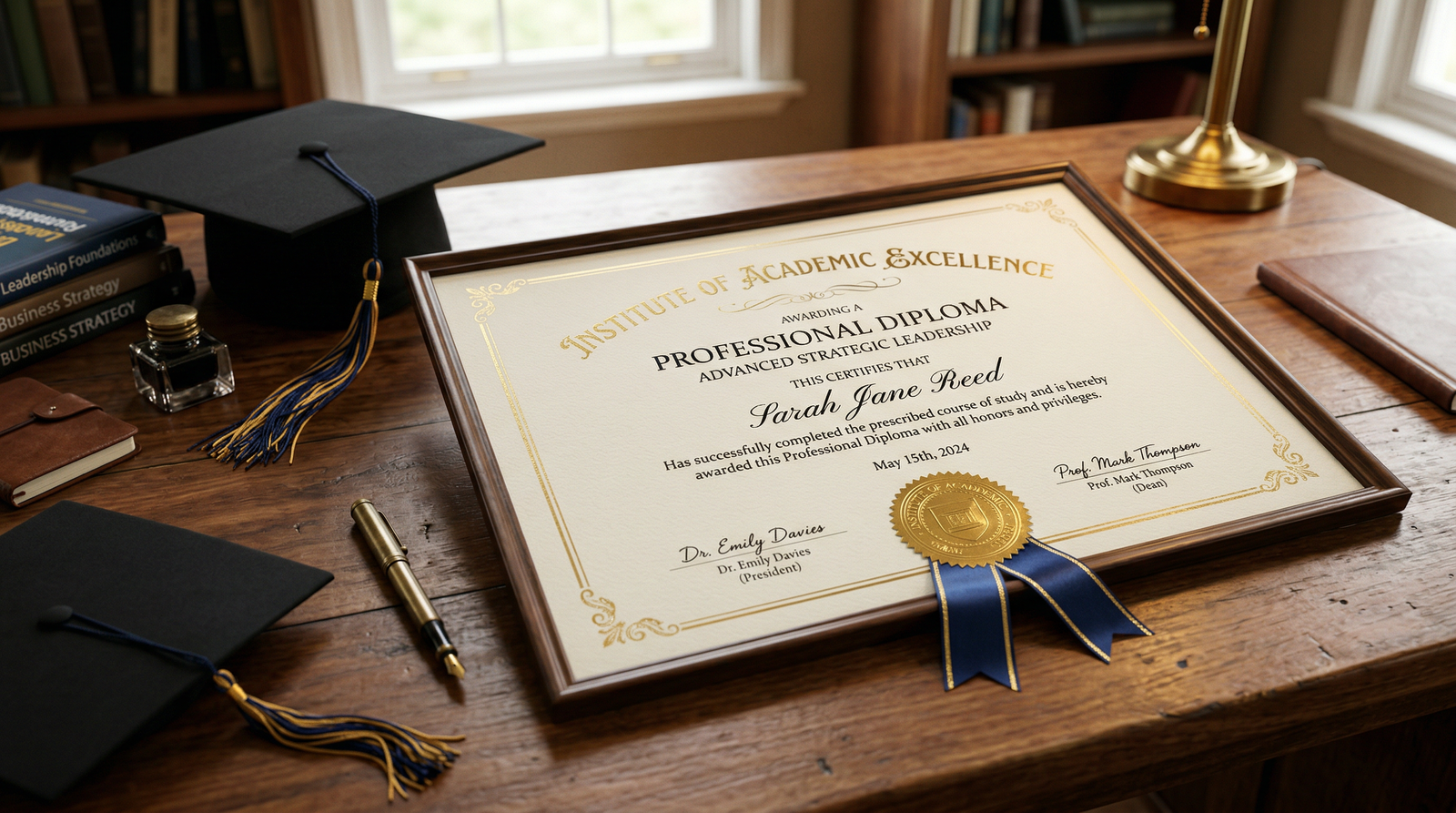 A high-quality custom diploma with a gold seal and elegant calligraphy on parchment paper, resting on a polished wooden desk with a graduation cap in the background.