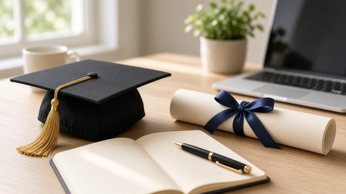 Graduation cap and ribbon-tied rolled certificate on a desk next to a notebook and laptop