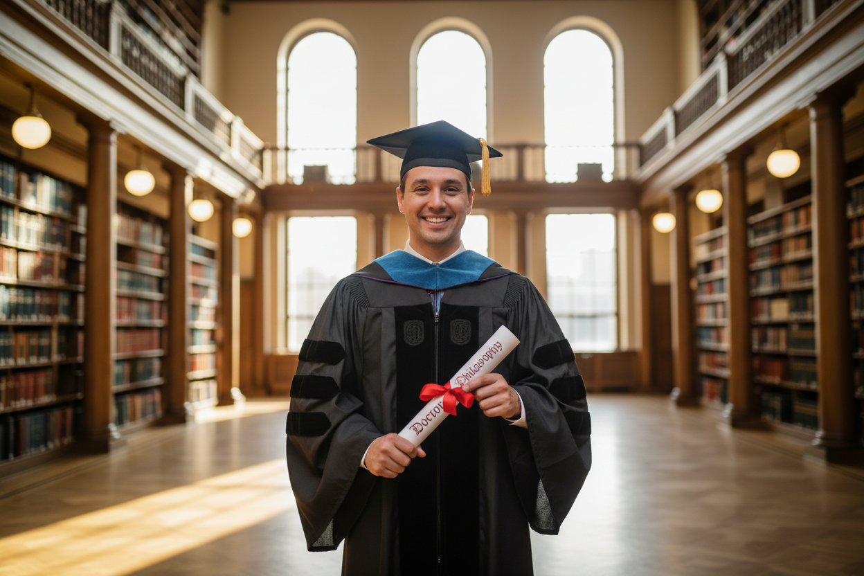 PhD or doctorate of philosophy holding diploma