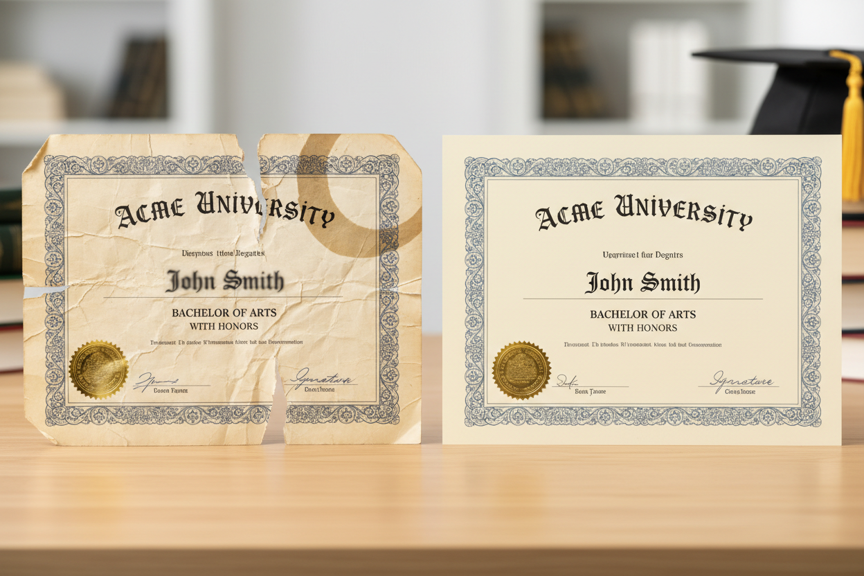 Side-by-side comparison of a fake college diploma replica and an official replacement diploma document on a desk.