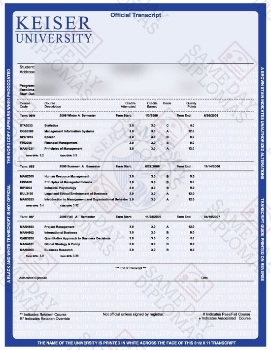 Transcript Maker, Sample of custom made replacement academic transcript