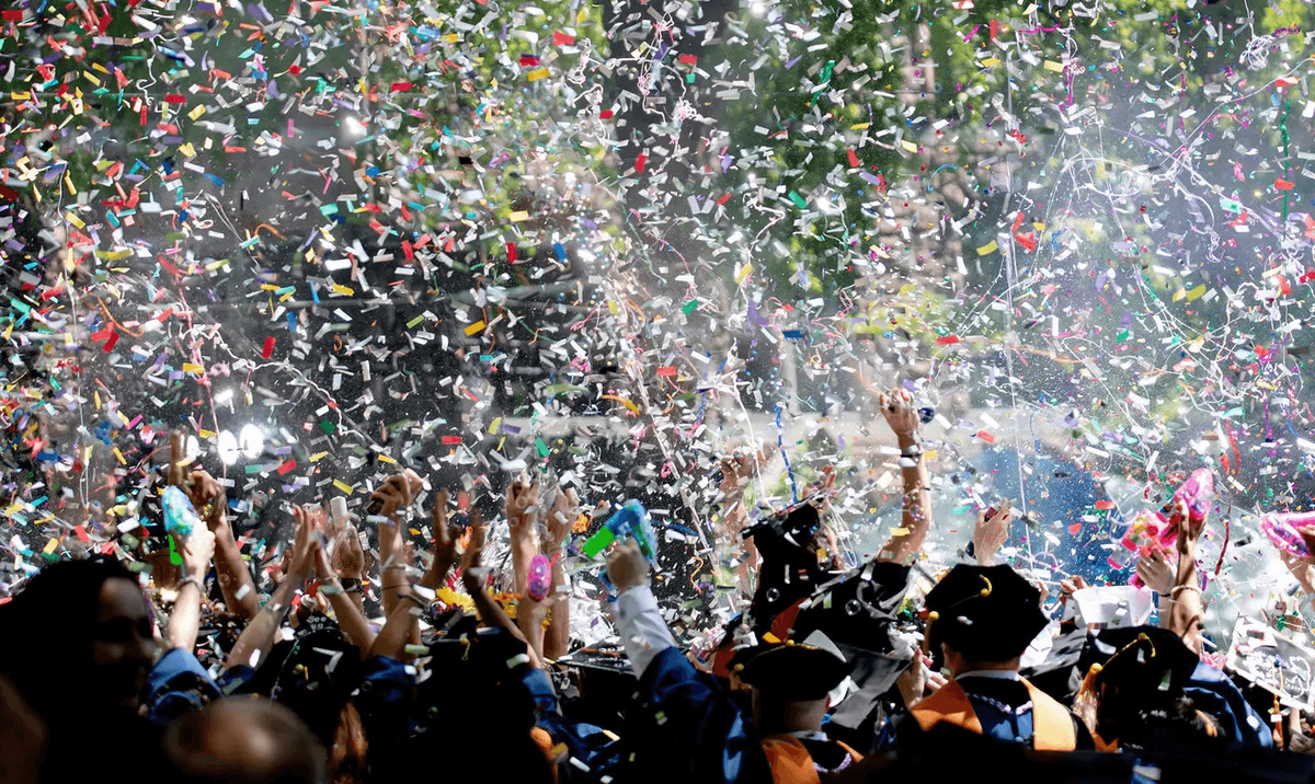 Graduation celebration with confetti honoring academic achievements, diplomas, and certificates