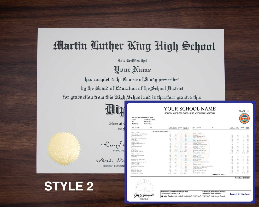 Stock High School Diploma and Transcript Package