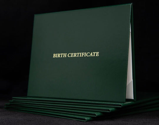 Custom engraved cover for birth certificates by Hey Congrats! featuring elegant design and personalized engraving.