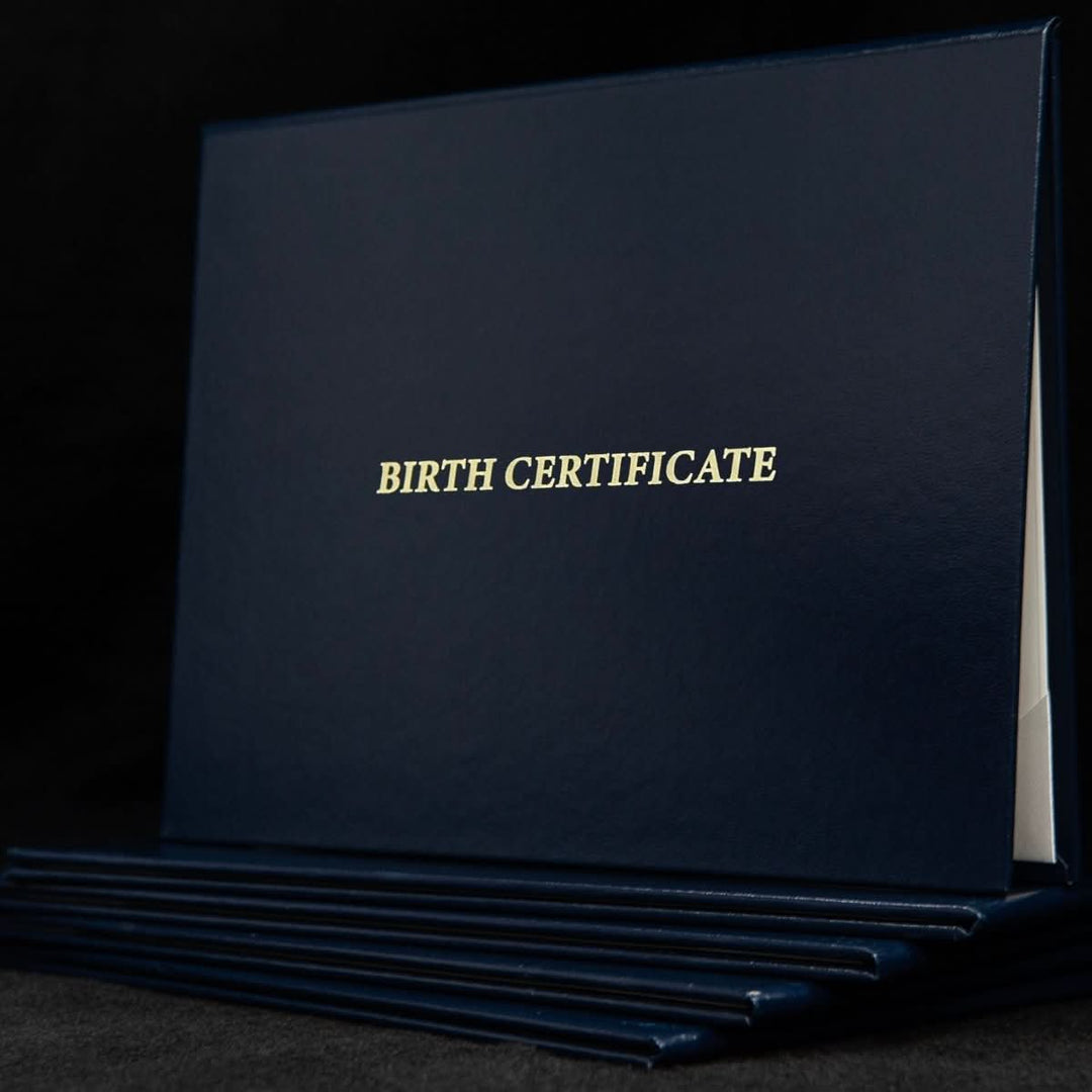 Custom engraved birth certificate cover by Hey Congrats! with elegant design and personalized engraving for special keepsake.