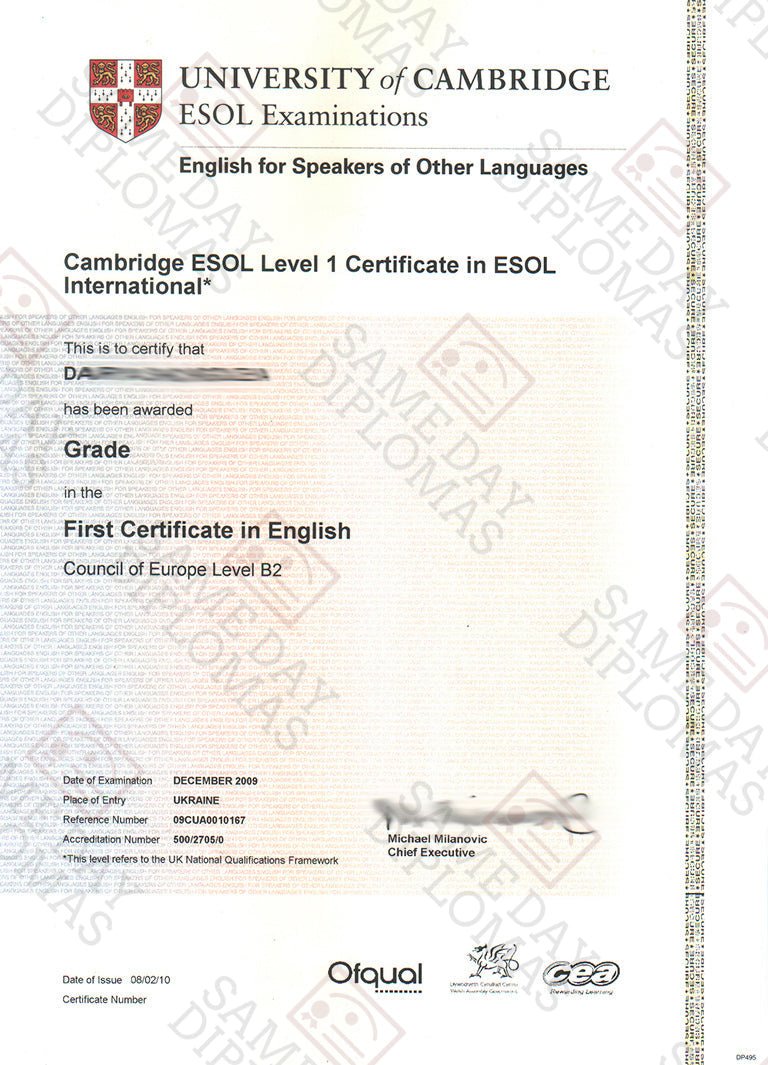 Cambridge ESOL Entry Level certificate showcasing official design and details from Same Day Diplomas.