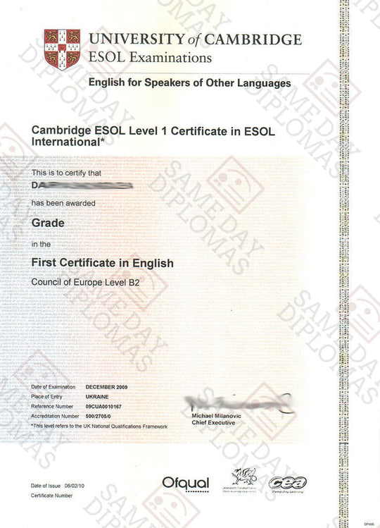 Cambridge ESOL Entry Level certificate showcasing official design and details from Same Day Diplomas.