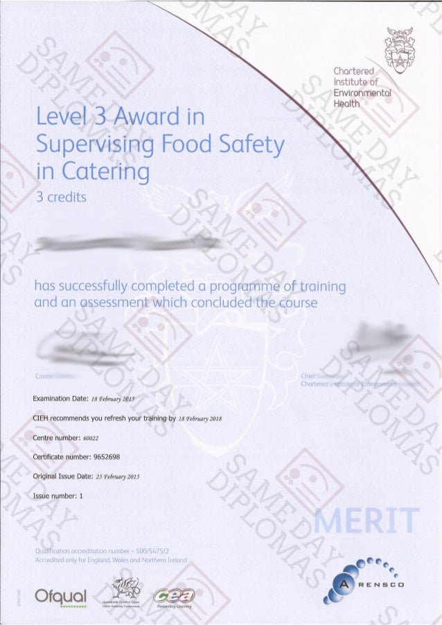 CIEH Certificate from Chartered Institute of Environmental Health featuring official design and detailed text.