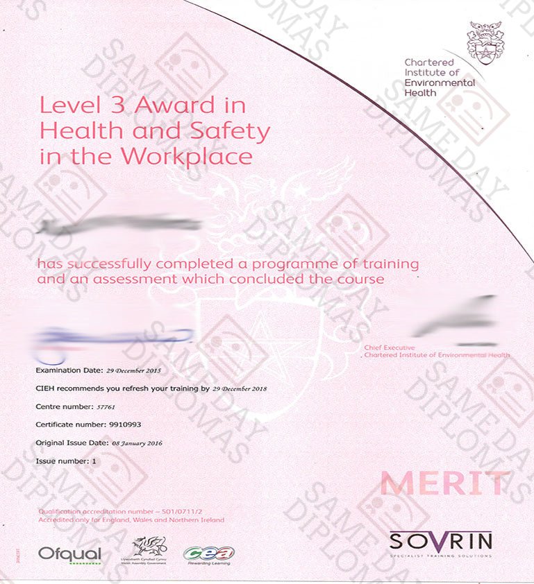 CIEH certificate from the Chartered Institute of Environmental Health, featuring official logos and detailed text.