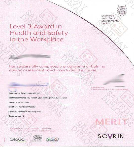 CIEH certificate from the Chartered Institute of Environmental Health, featuring official logos and detailed text.
