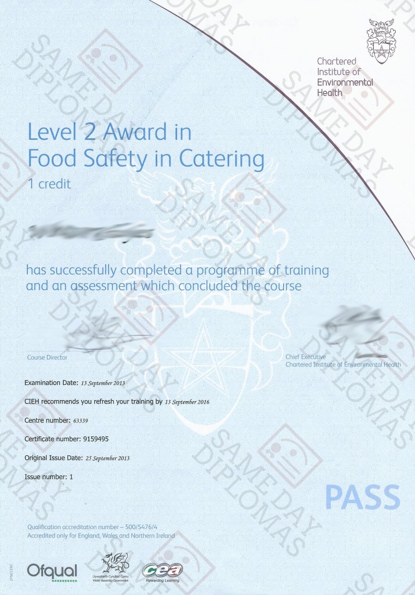 CIEH Certificate from Chartered Institute of Environmental Health with official branding and design elements.