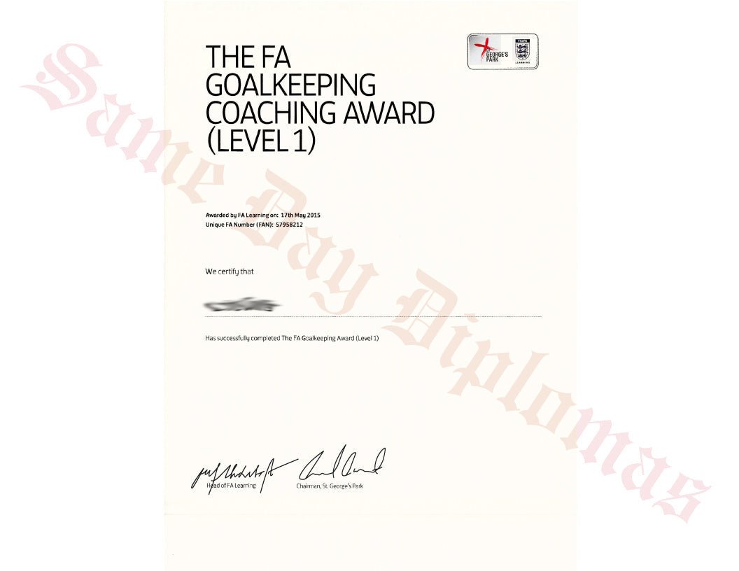 Goalkeeping Coach certificate from Same Day Diplomas, featuring a professional design and clear text.