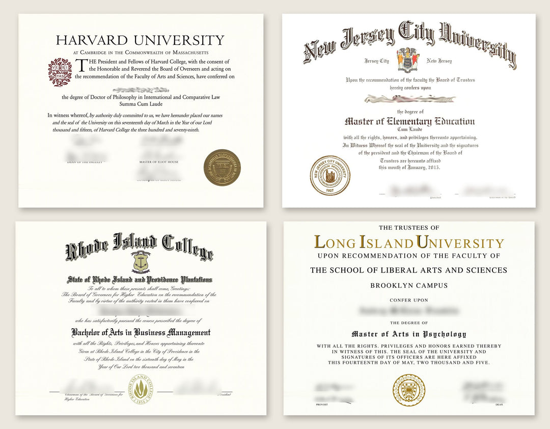 Certificate and diploma display copy examples matched from customer scans, names blurred