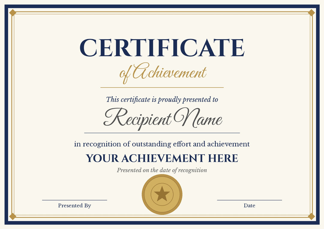 Generic certificate of achievement (certificate of accomplishment) display copy example with placeholder recipient name and decorative gold emblem