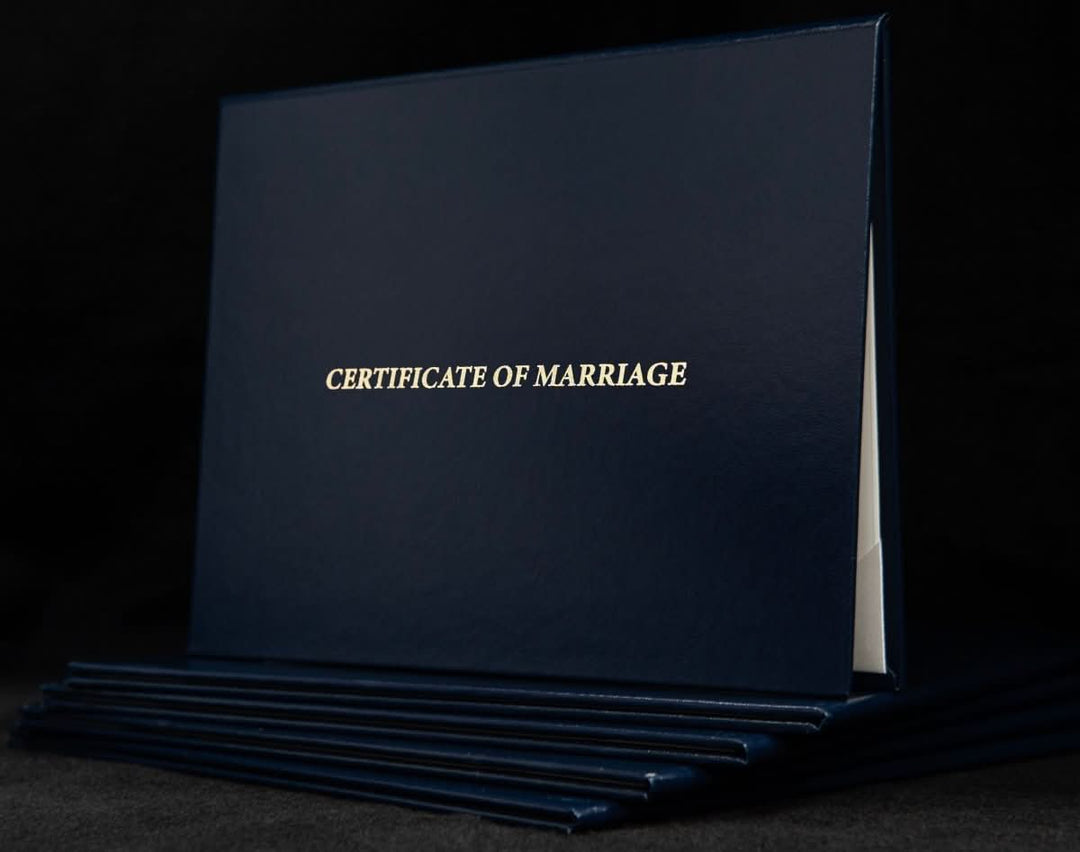 Engraved marriage certificate cover with elegant design, personalized with "Hey Congrats!" brand name, ideal for special wedding keepsakes.