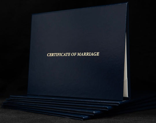 Engraved marriage certificate cover with elegant design, personalized with "Hey Congrats!" brand name, ideal for special wedding keepsakes.