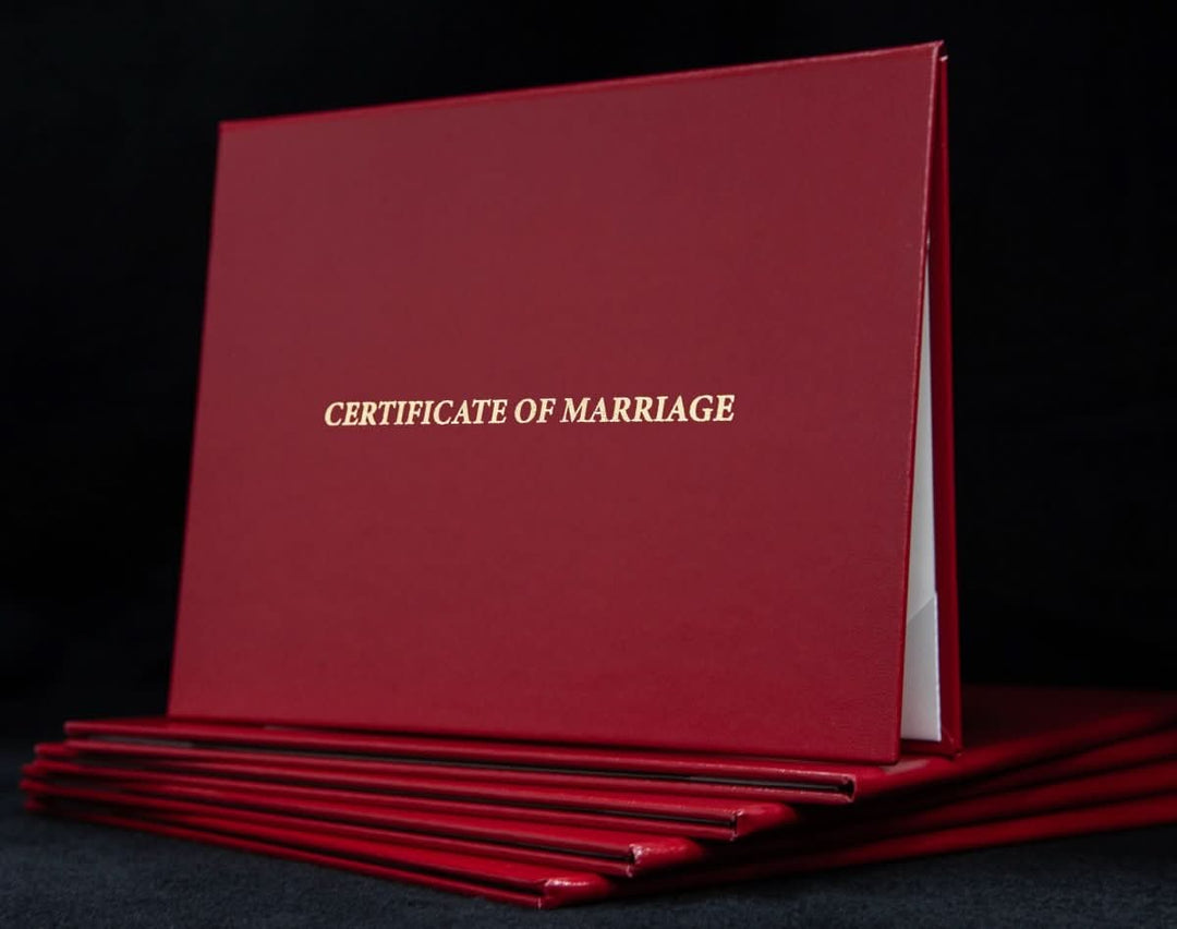Engraved marriage certificate cover with decorative design, designed to protect and display a legal marriage certificate.