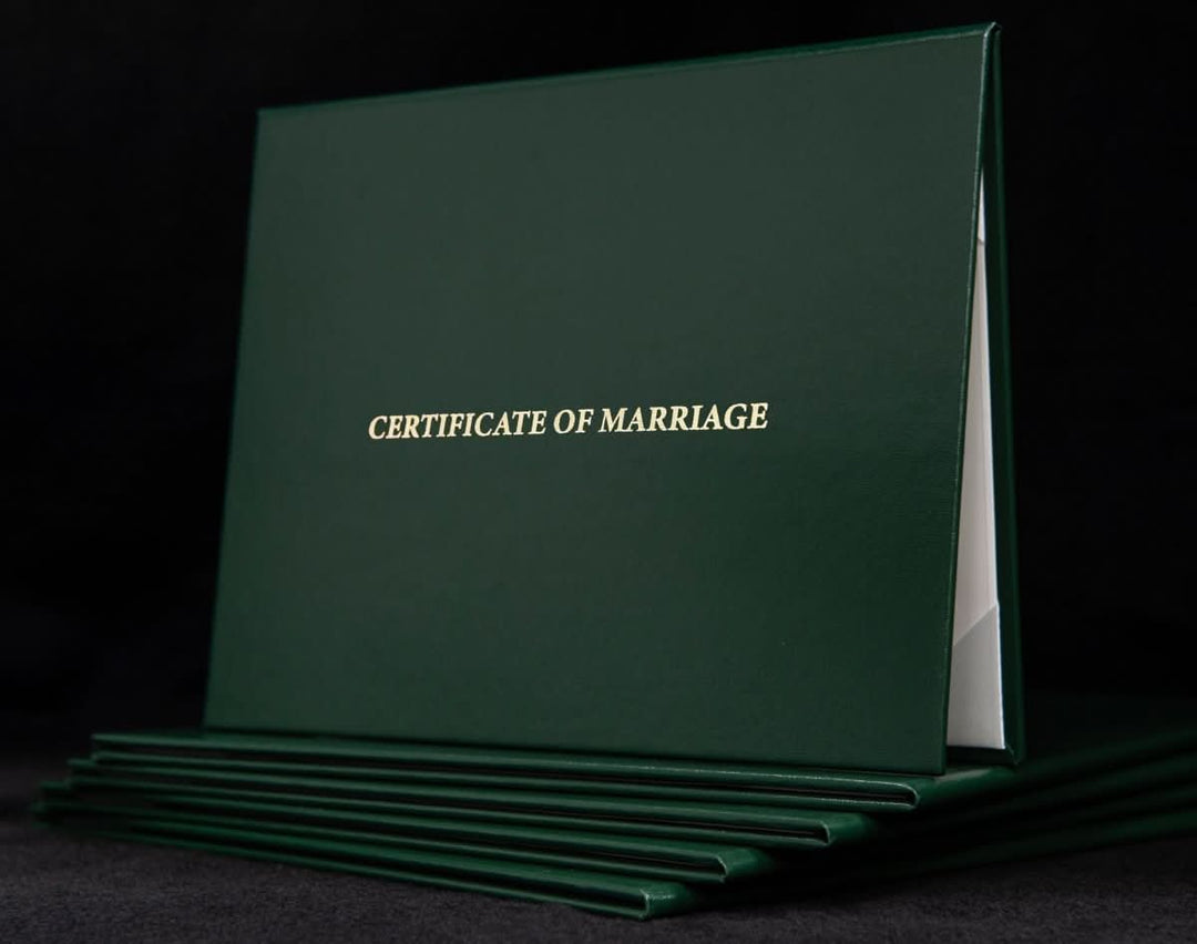 Engraved marriage certificate cover with elegant design, featuring the "Hey Congrats!" brand logo on a high-quality material.