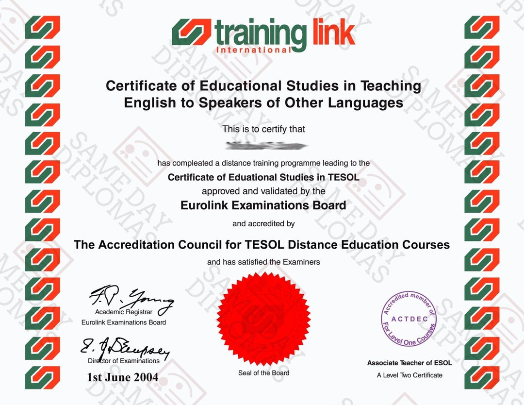 TESOL certificate from Same Day Diplomas, featuring "Teaching English to Speakers of Other Languages" text and official design.