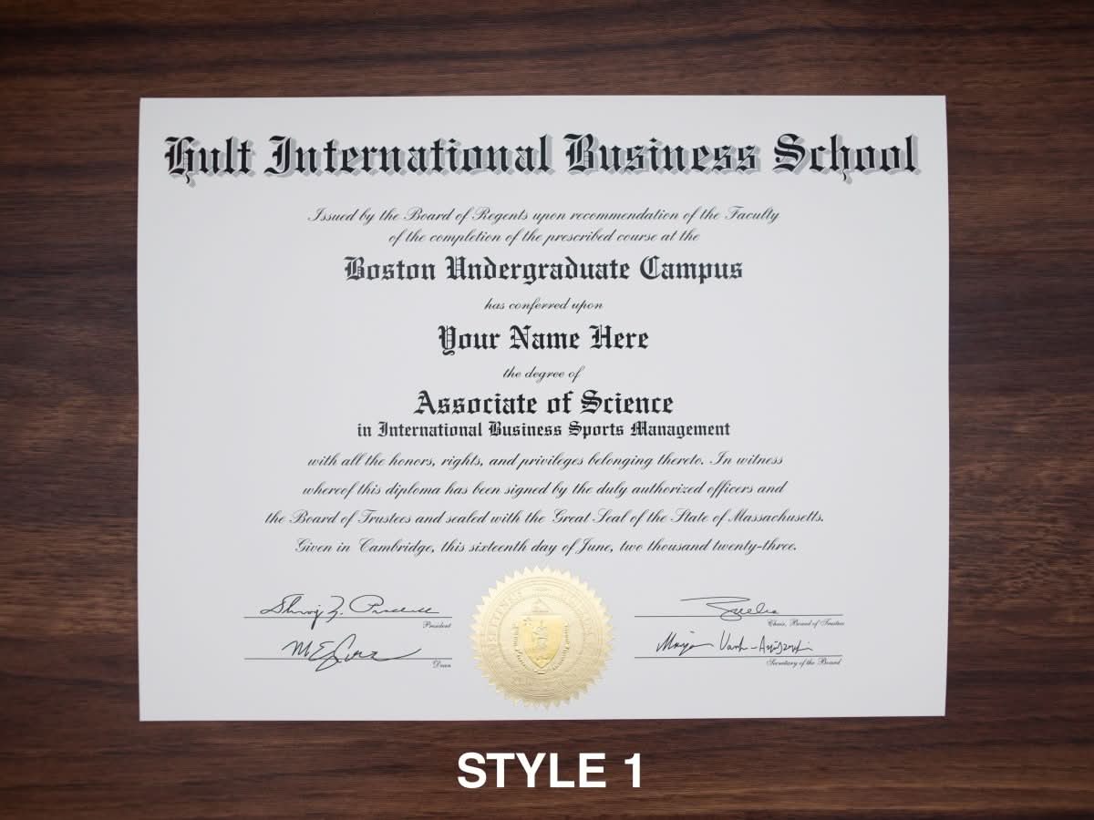 USA college diploma display copy, stock Style 1, with ornate border and gold seal on a wood background