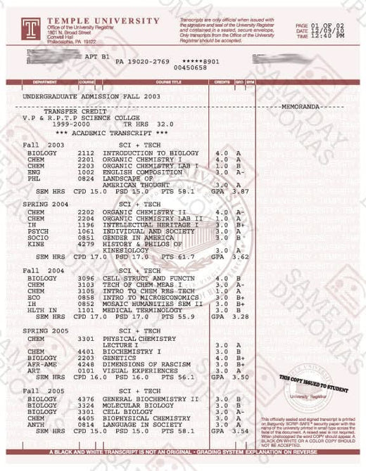 Match diploma and transcript sample 3