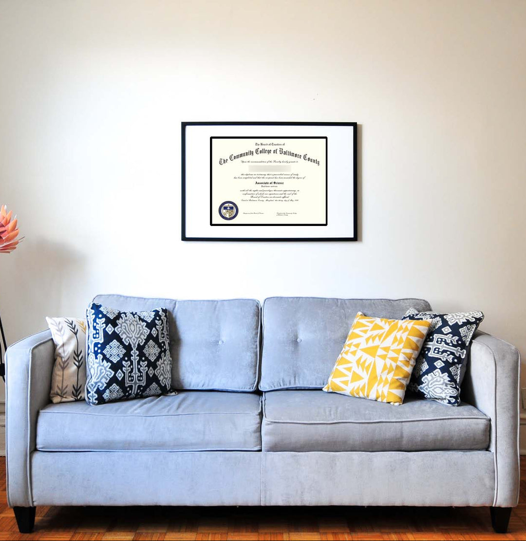 Gray sofa with decorative pillows in a living room setting, framed diploma on the wall.