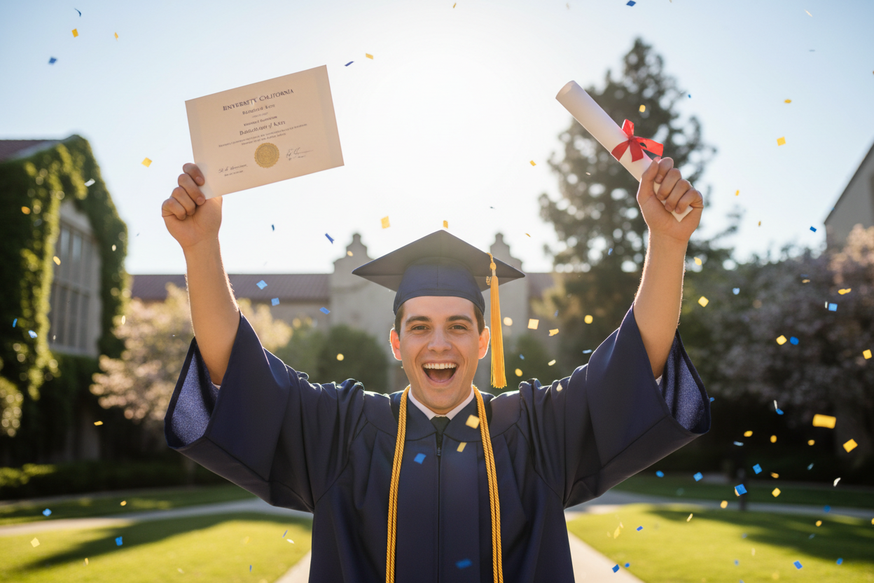 excited graduate holding diploma