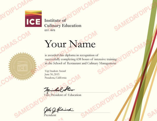 Fake culinary certificates from Same Day Diplomas displayed on a wooden surface, showcasing realistic design and details.