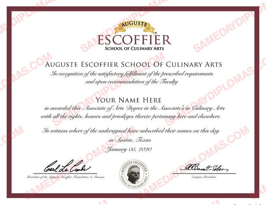 Fake culinary certificates by Same Day Diplomas showcasing a professional design with realistic text and layout.