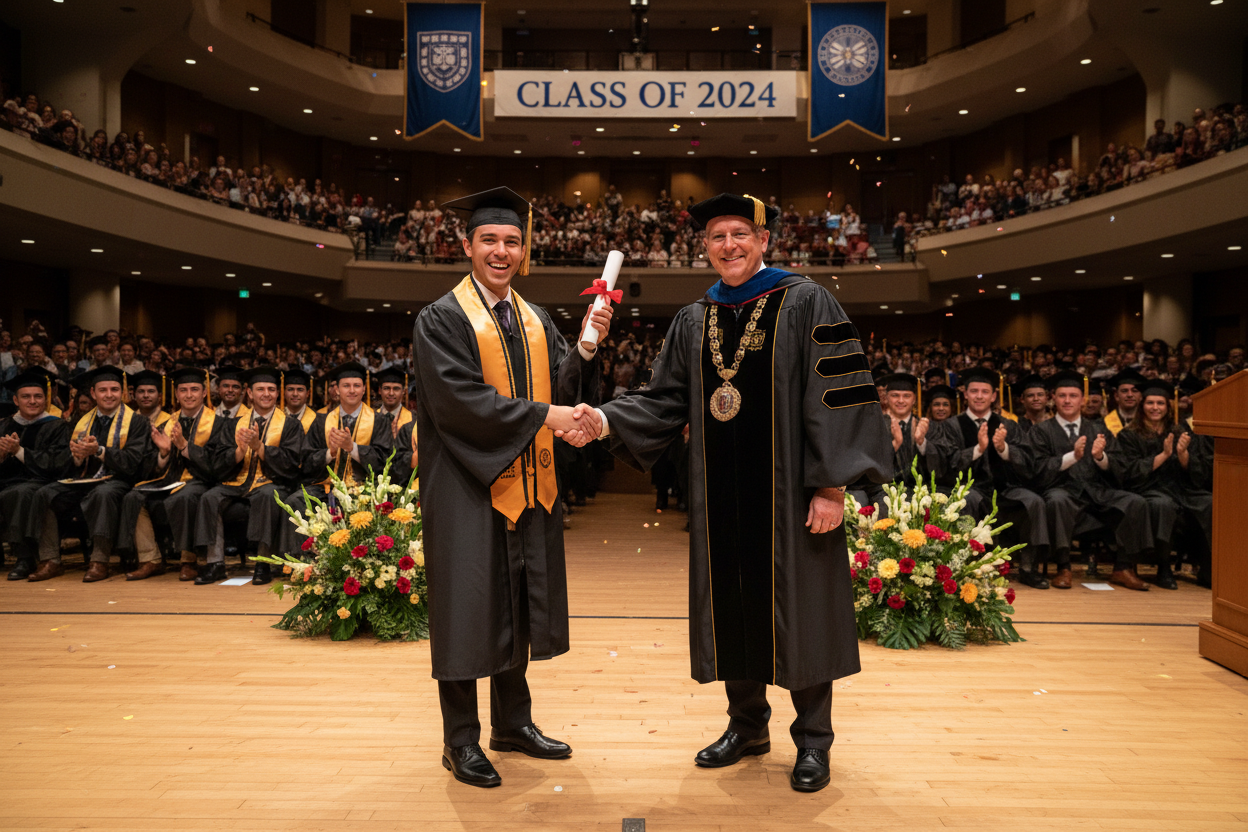graduate shakibng hands with school president