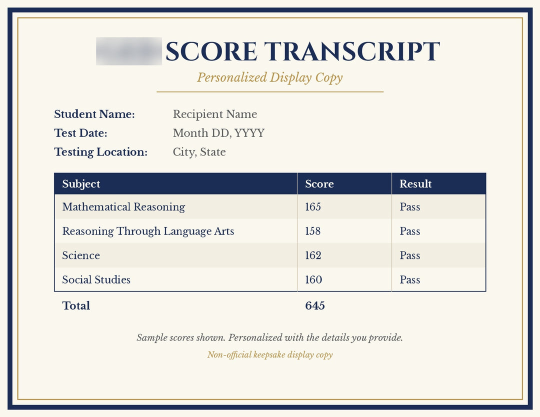 Generic high school equivalency score transcript display copy example with placeholder name and sample scores