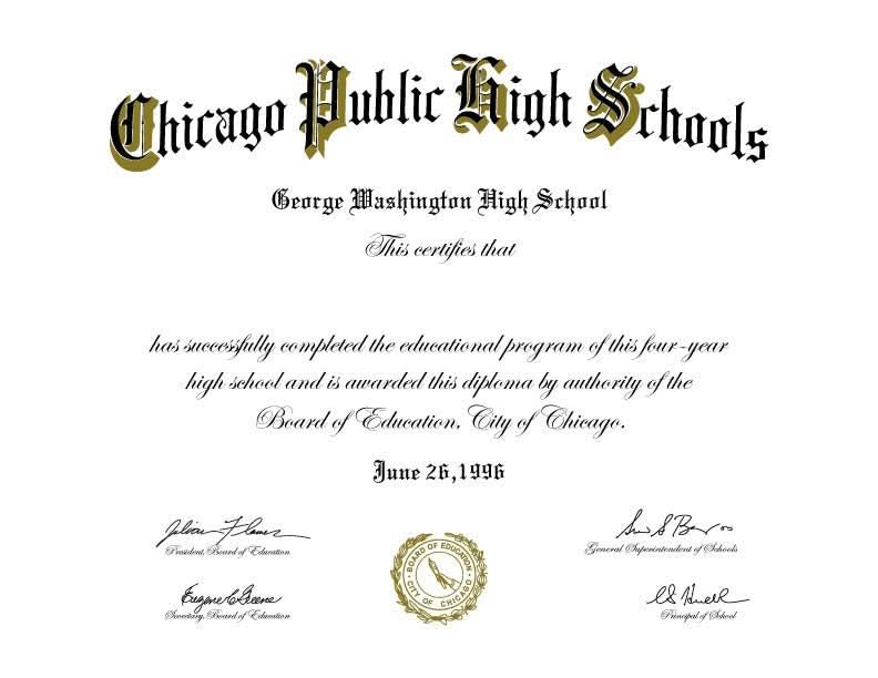 Close-up of a personalized high school diploma copy