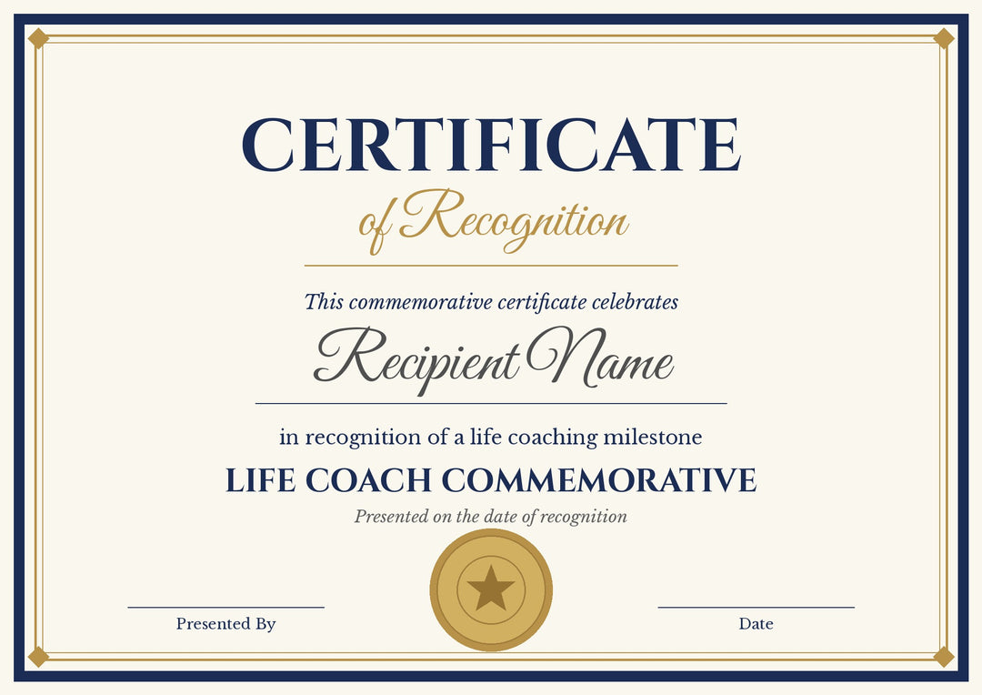Generic life coach commemorative certificate display copy example with placeholder recipient name and decorative gold seal