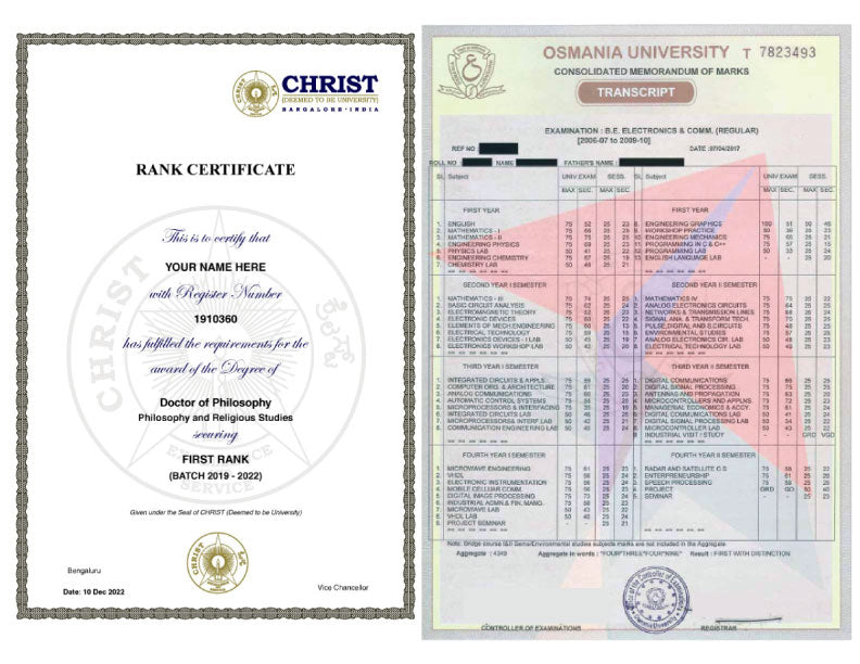 India College/University Match Diploma and Stock Transcript Package