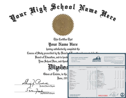 Stock High School Diploma and Transcript Package