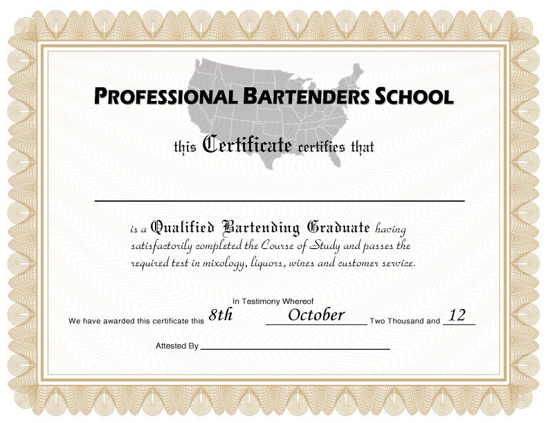Hey Congrats! bartending certificate featuring a modern design with space for recipient's name and signature.