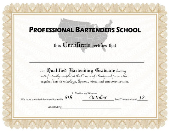 Hey Congrats! bartending certificate featuring a modern design with space for recipient's name and signature.