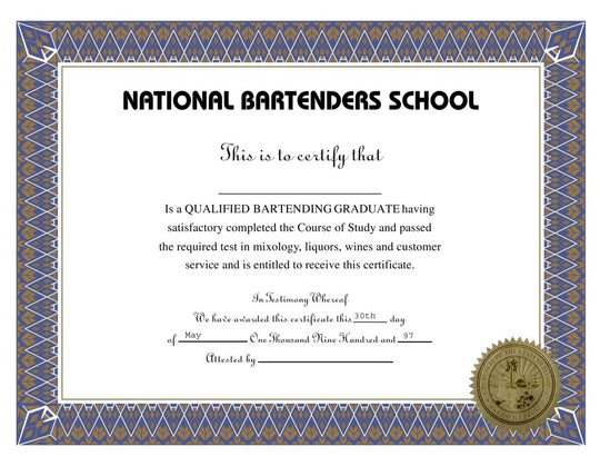Hey Congrats! bartending certificate featuring elegant design and space for recipient's name.